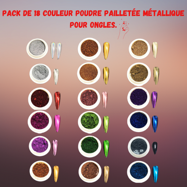 Pack de 18 couleur poudre pailletée métallique pour Ongles.