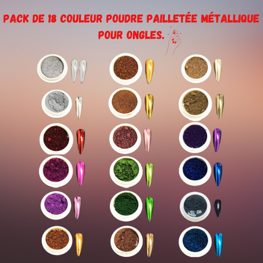 Pack de 18 couleur poudre pailletée métallique pour Ongles.