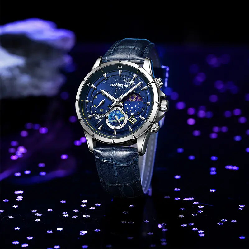 Montre en cuir pour hommes avec un cadran bleu