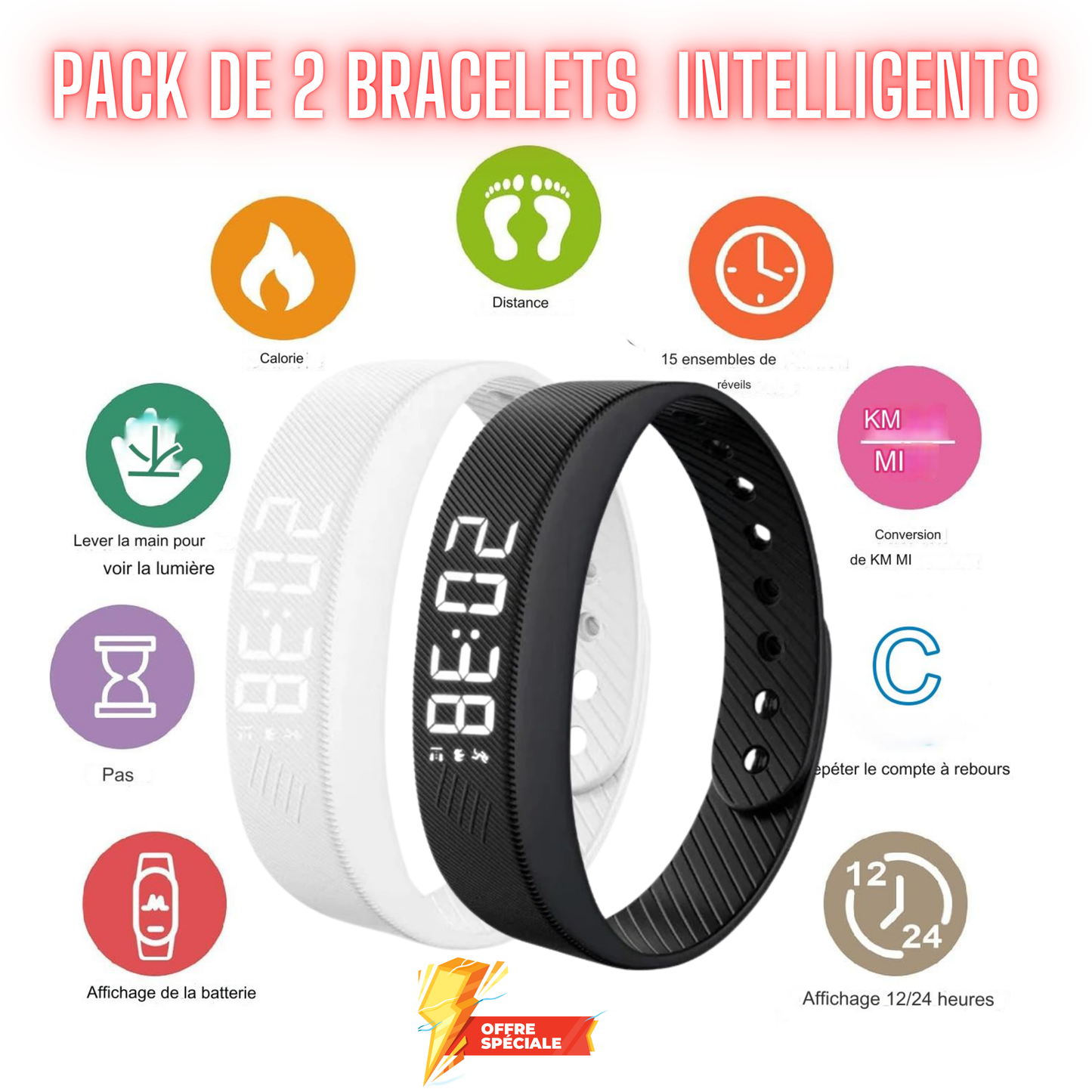 Pack de deux bracelets de sport intelligents.