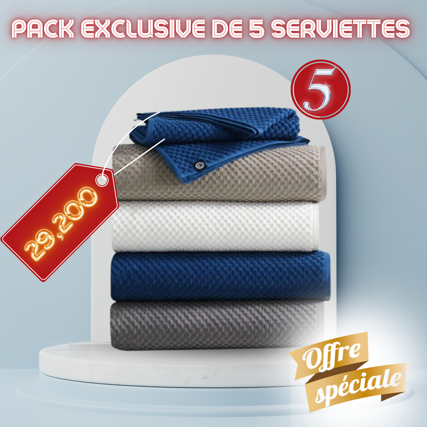 Pack exclusive de 5 serviettes de bain multi-usages.