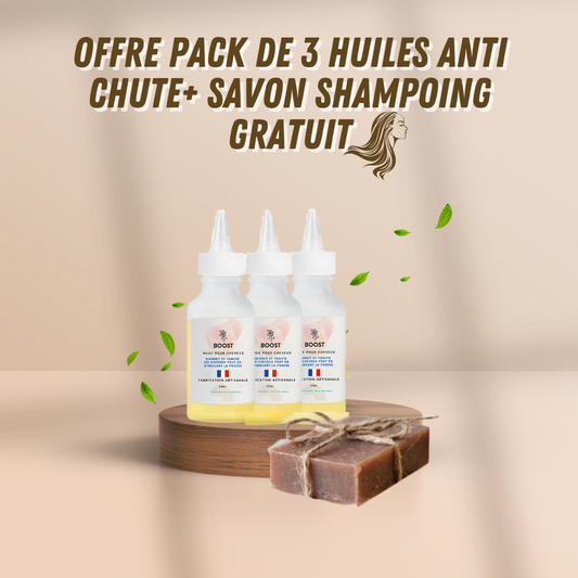 Offre pack de 3 huiles anti chute+ savon shampoing gratuit.