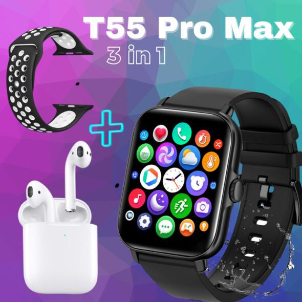 Montre intelligente T55 PRO MAX avec écouteur sans fil + bracelet en cadeau.